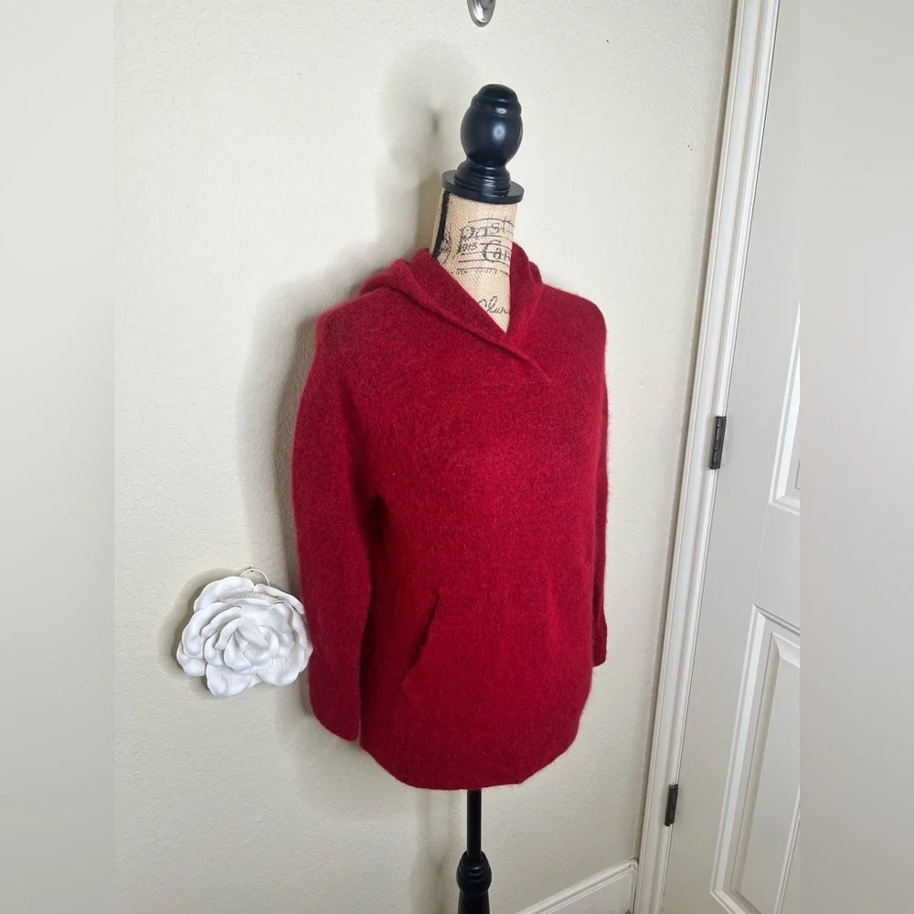 Vince Italy Wool Alpaca Blend Fuzzy Hooded Sweater Cherry Red Oversized XS